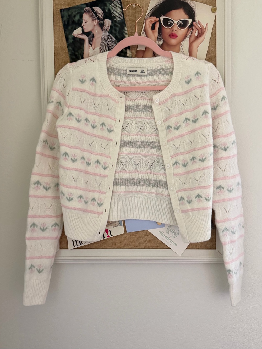 Soft Patterned Crewneck Cardigan - White & Pink